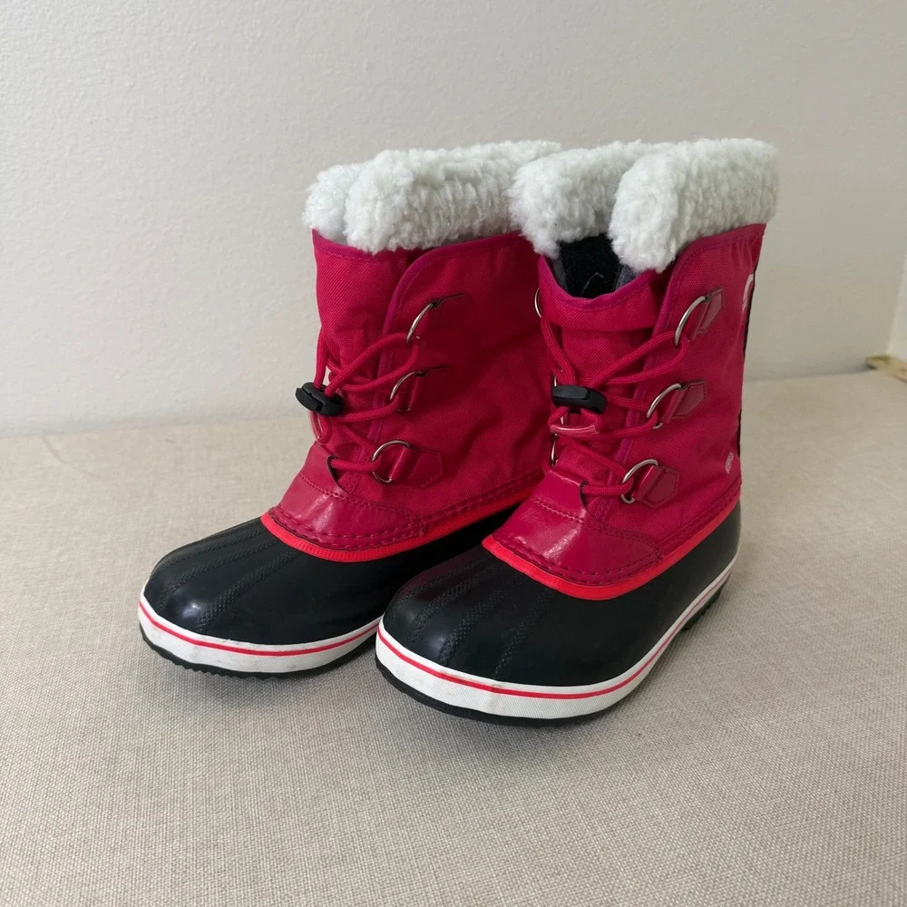 Sorel Winter Carnival Waterproof Boots Pink Black Faux Fur Kids Size 3